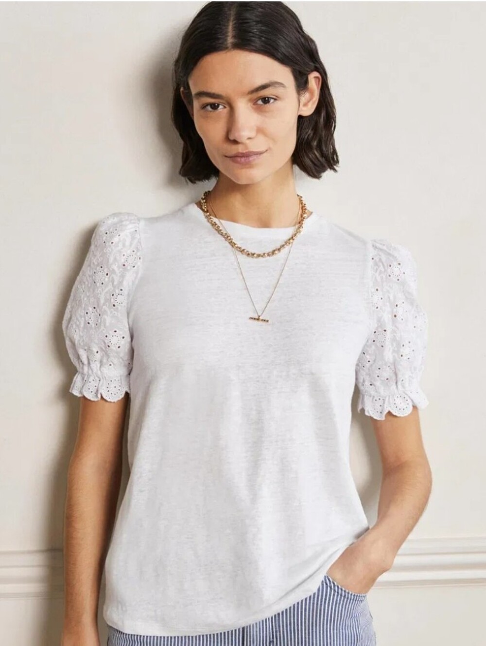Boden Broderie White Short Sleeve Linen T-Shirt Eyelet Cotton Sleeve Size 2X